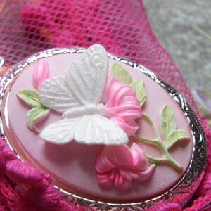 Anniversary birthday gift Photo Locket Necklace Butterfly Pink Wedding Cameo